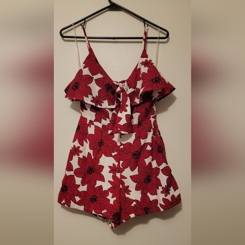 Francesca's White with Red + Black Floral ROMPER
